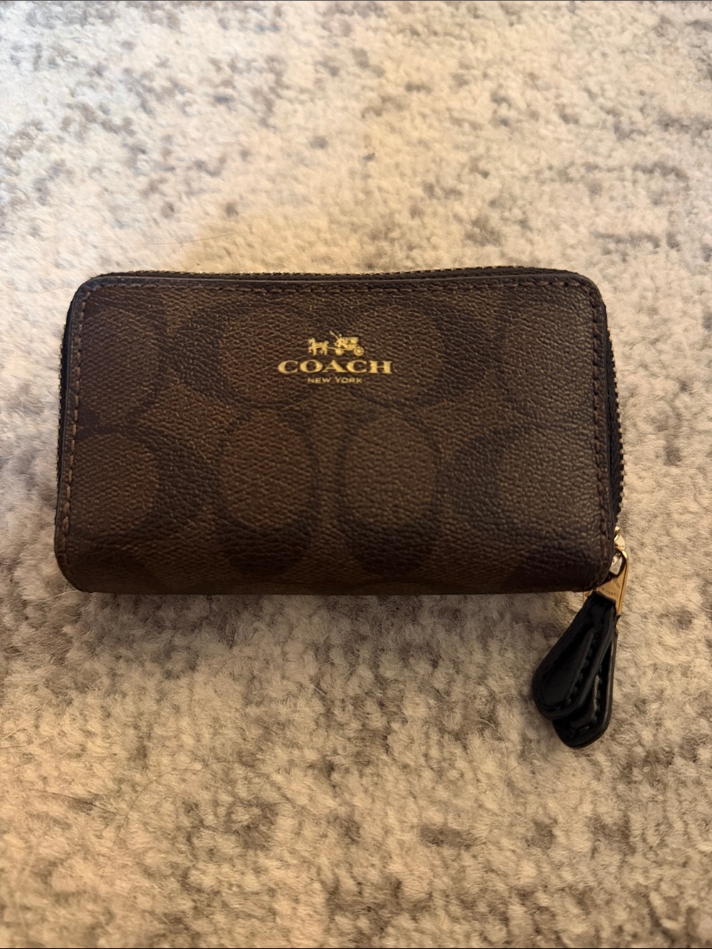 Coach Brown Signature Zip Card Case with Gold Logo